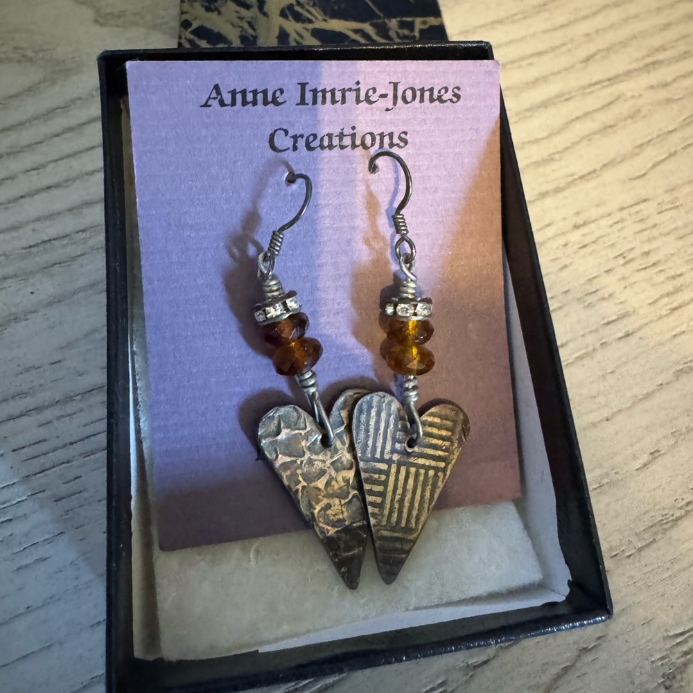 Textured Silver Heart Earrings with Amber Beads